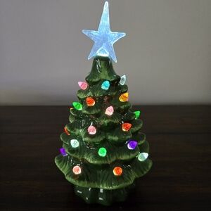 VTG Ceramic Tabletop Christmas Tree Multicolor Lights Star Timer Base Glazed